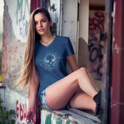 Womens Sonic Heather Seasons of the Skulls Summer Electric Blue V-Neck Tee image 0